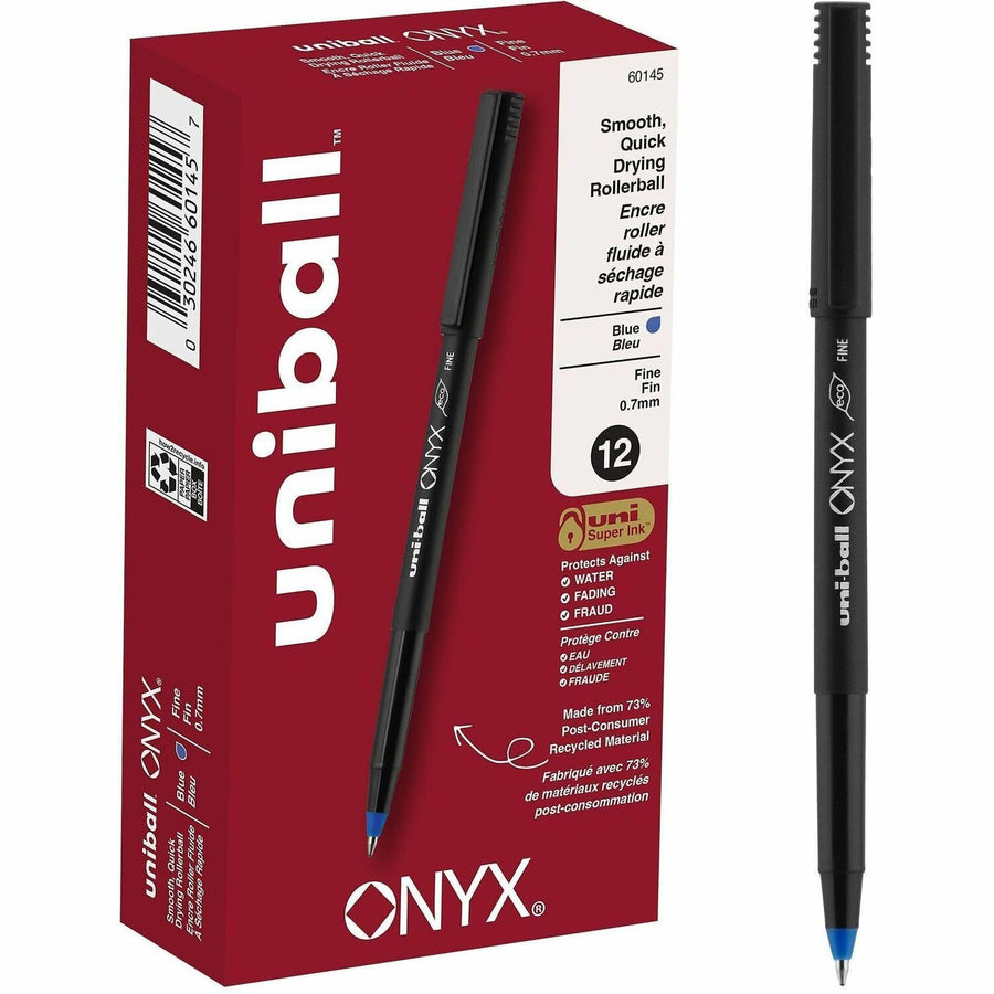 uniball™ Onyx Rollerball Pens, 2.80" x 5.70", Blue, Pocket Clip, 1 Dozen, UBC60145