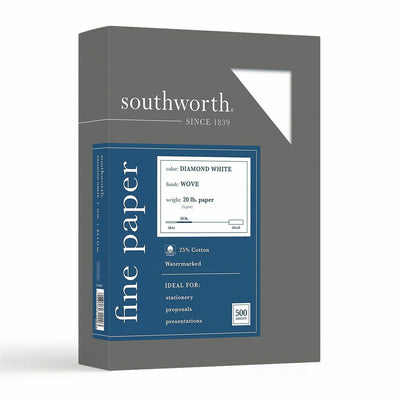 Neenah Paper Southworth 25% Cotton Business Paper, Diamond White, 8 1/2" x 11", 1 Box, SOU3122010