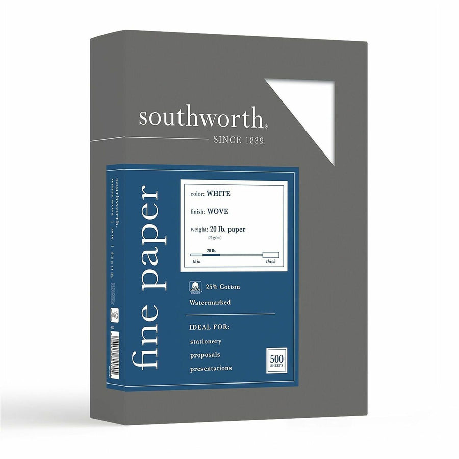 Southworth 25% Cotton Business Paper, 8.5" x 11", White, 20 lb, Lignin-free, 1 / Box, SOU403C