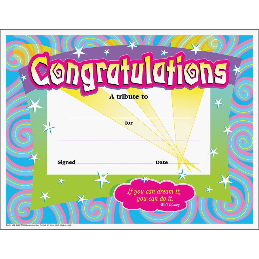 Trend Congratulations/Swirls Award Certificates, 30 / Pack, TEPT2954