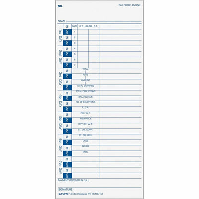 TOPS One-Side Weekly Time Cards, White, 4" Width x 9" Length, 100 / Pack, TOP12443