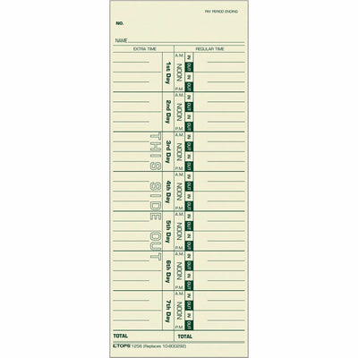 TOPS Regular/Overtime Weekly Time Cards, Manila, 3.50" Width x 9" Length, 500 / Box, TOP1256