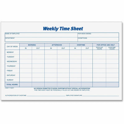 TOPS Weekly Timesheet Form, White, 8.50" Width x 5.50" Length, 1 Pack, TOP30071