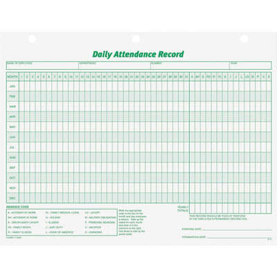 TOPS Daily Employee Attendance Record Form, White, 11" Width x 8.50" Length, 1 Pack, TOP3284