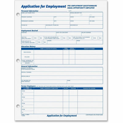 TOPS Employment Application Forms, White, 8.50" Width x 11" Length, 2 / Pack, TOP32851