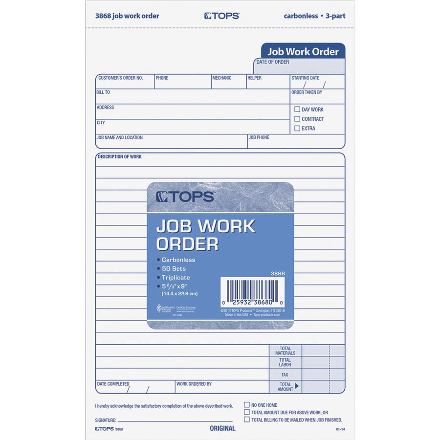 TOPS Carbonless 3-Part Job Work Order Forms, 5.50" Width x 8.50" Length, 1 / Pack, TOP3868
