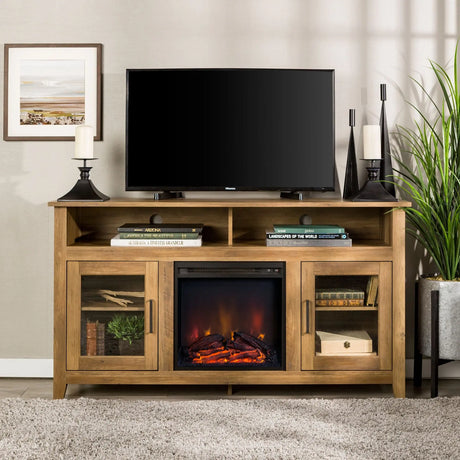 W. Trends 58" Media Console with Fireplace (Rustic Oak) | Highboy TV Stand & Heater W. Trends