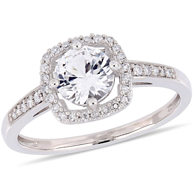 White sapphire diamond halo ring 10k white gold