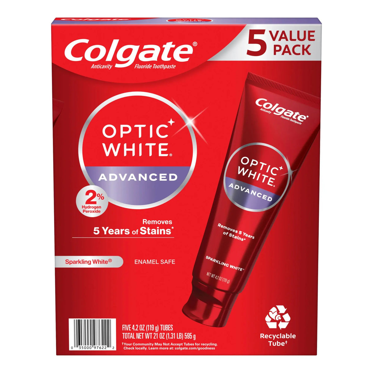 Colgate Optic White Whitening Toothpaste (5-Pack, 4.2 oz Each) | Hydrogen Peroxide Formula Colgate