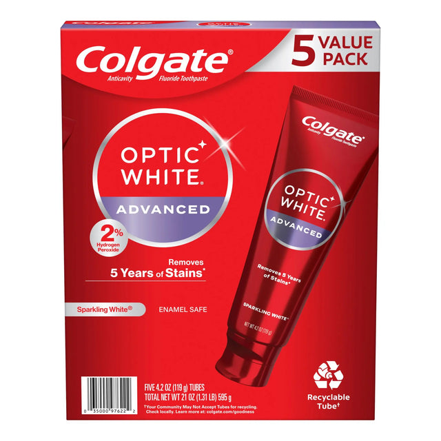 Colgate Optic White Whitening Toothpaste (5-Pack, 4.2 oz Each) | Hydrogen Peroxide Formula Colgate