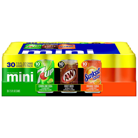 7UP, A&W & Sunkist Mini Soda Variety Pack (30-Pack, 7.5 oz Each) | Refreshing Cola & Citrus Mix 7UP, A&W, Sunkist