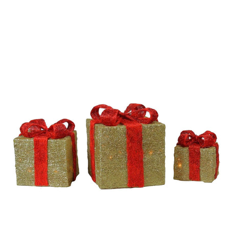 Northlight Lighted Gift Boxes (3-Pc, 10") â€“ Gold & Red | Outdoor Christmas DÃ©cor with LED Illumination Northlight