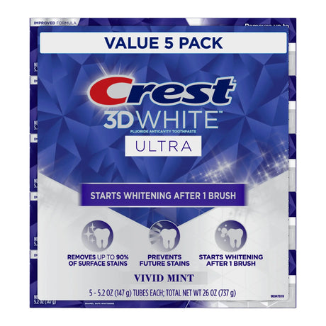 Crest 3D White Ultra Toothpaste (5-Pack, 5.2 oz Each) | Vivid Mint for Professional Whitening Crest