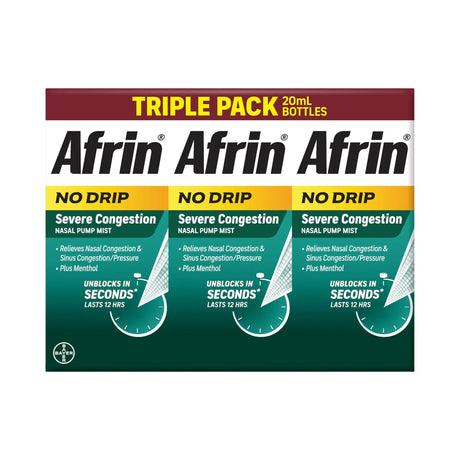 Afrin Severe Congestion Nasal Spray (3-Pack, 20 mL Each) | 12-Hour No-Drip Relief Afrin