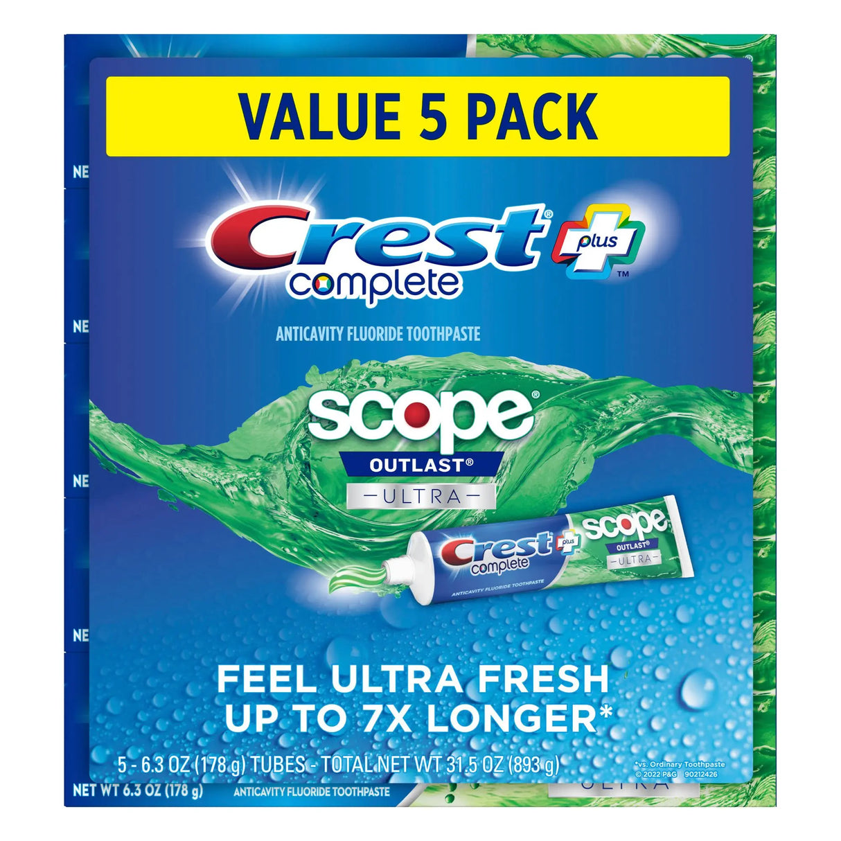 Crest Complete + Scope Outlast Toothpaste (6.3 oz, 5-Pack) | Whitening & Fresh Breath Crest
