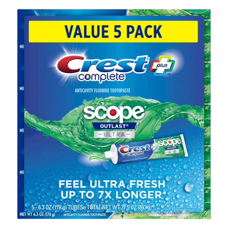 Crest Complete + Scope Outlast Toothpaste (6.3 oz, 5-Pack) | Whitening & Fresh Breath Crest
