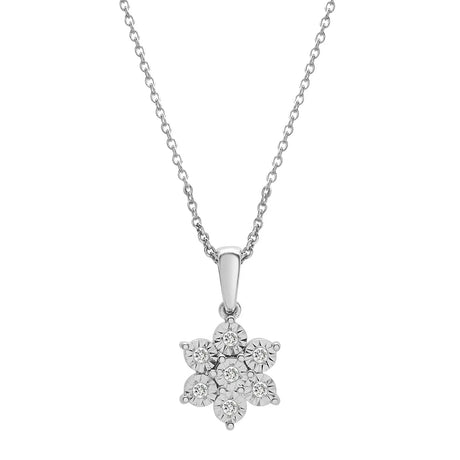 Diamond Flower Pendant (0.10 ct. t.w., Sterling Silver) | Elegant Miracle-Plate Accent Necklace MJJ Brilliant