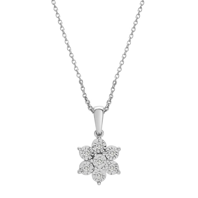 Diamond Flower Pendant (0.10 ct. t.w., Sterling Silver) | Elegant Miracle-Plate Accent Necklace MJJ Brilliant