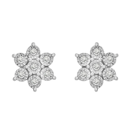 Diamond Flower Stud Earrings (0.10 ct. t.w., Sterling Silver) | Delicate Miracle-Plate Sparkle MJJ Brilliant
