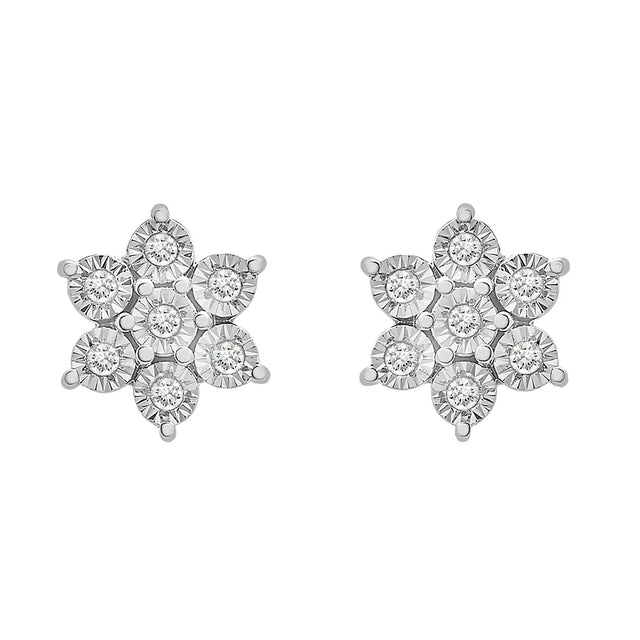 Diamond Flower Stud Earrings (0.10 ct. t.w., Sterling Silver) | Delicate Miracle-Plate Sparkle MJJ Brilliant