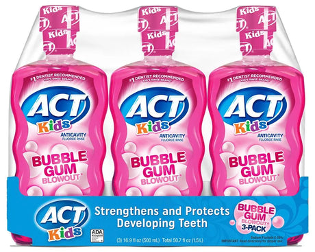 ACT Kids Bubblegum Rinse (3-Pack, 16.9 oz Each) | Anti-Cavity Fun Flavor ACT