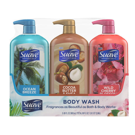 Suave Essentials Body Wash Variety (3-Pack, 30 oz Each) | Gentle Cleansing for Soft Skin Suave
