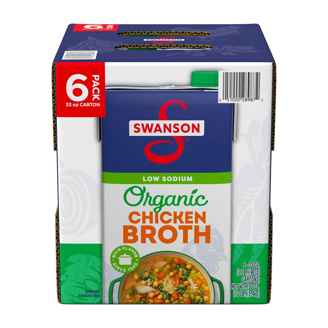 Swanson Organic Low-Sodium Chicken Broth (6-Pack, 32 oz Each) | Pure Cooking Base Swanson