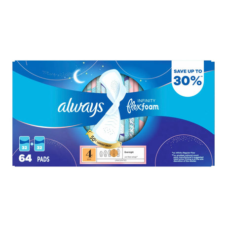 Always Infinity FlexFoam Pads for Women â€“ Size 4 (64 ct.) | Unscented, Heavy Flow with Wings Always