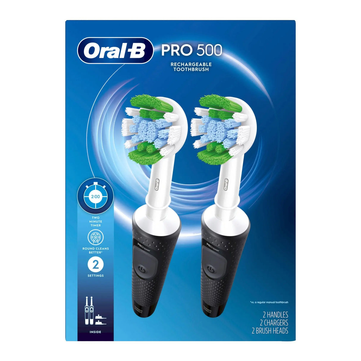 Oral-B Pro 500 Electric Toothbrush (2-Pack) | Precision Clean with Replacement Brush Heads Oral-B