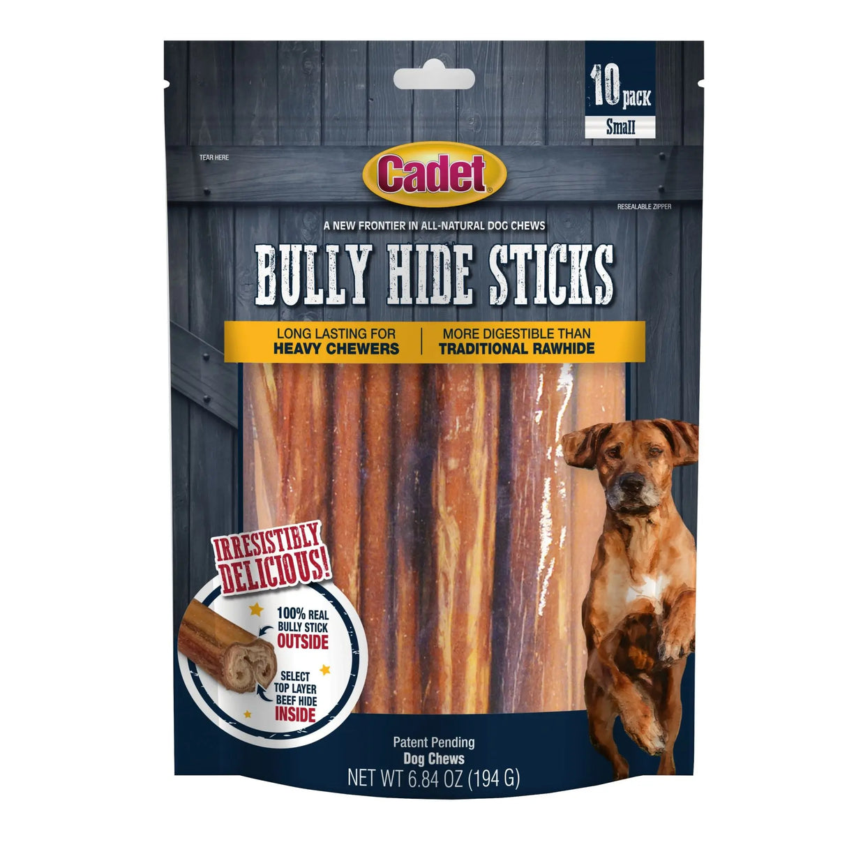 Cadet Bully Hide Dog Sticks (10-Pack) | Durable Chews for Small Dogs Cadet