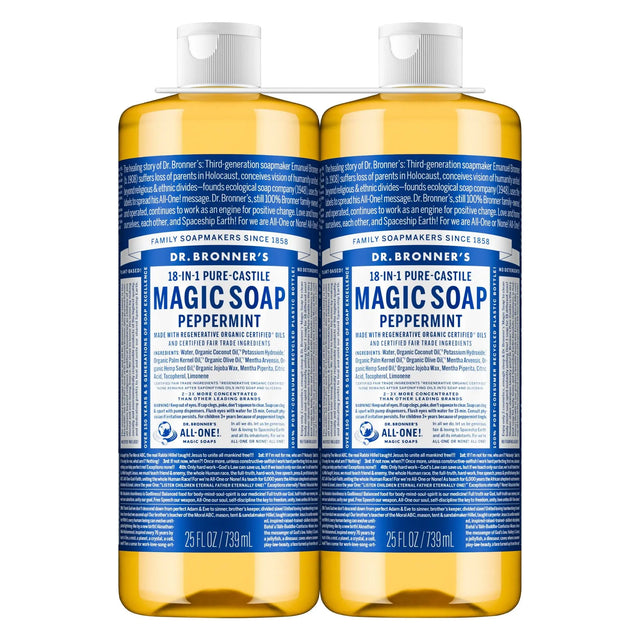 Dr. Bronner's Peppermint Castile Soap (2-Pack, 50 oz Each) | Versatile Organic Cleaning Dr Bronner's