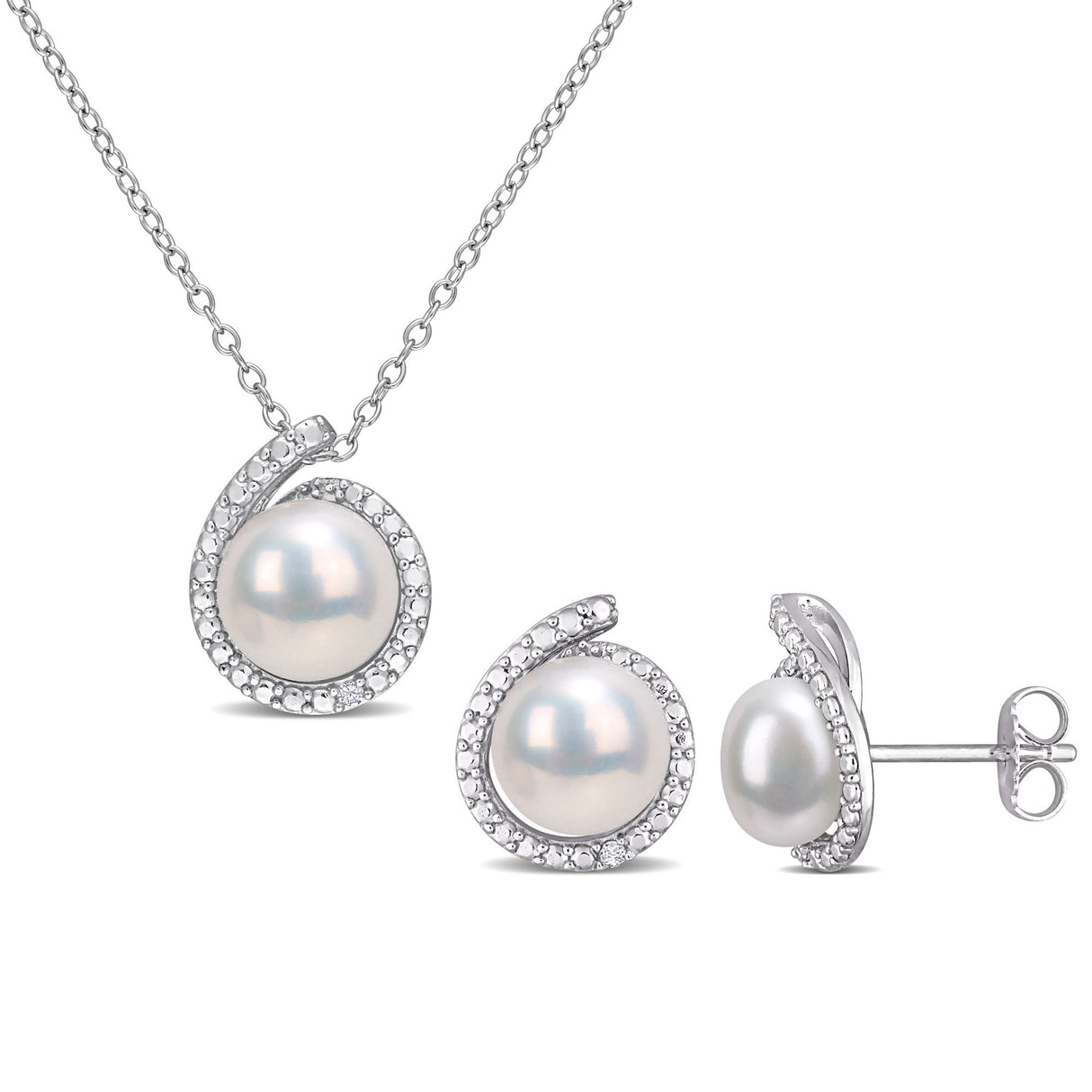 Pearl and diamond halo earrings and necklace set