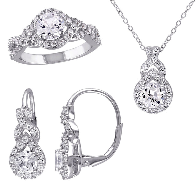 White sapphire halo necklace earrings ring set