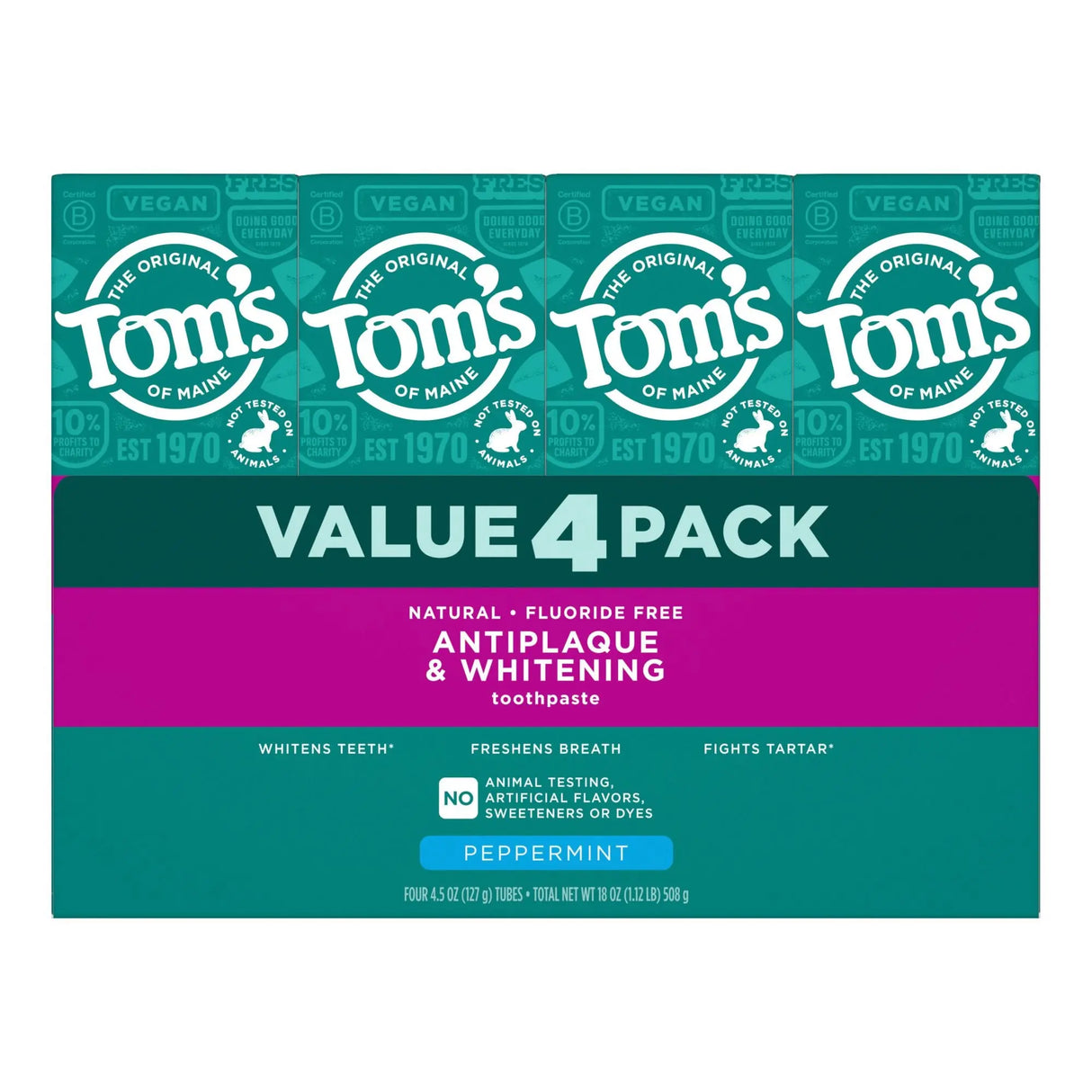 Tom's Mint Toothpaste (4-Pack, 4.5 oz Each) | Fluoride-Free Whitening & Fresh Breath Tom's of Maine