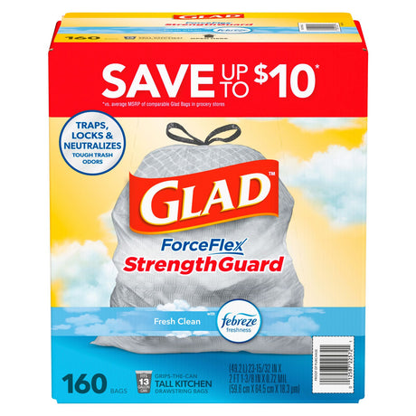 Glad ForceFlex Trash Bags â€“ Fresh Clean (160-Count, 13 gal) | Odor-Blocking Drawstring Kitchen Bags Glad