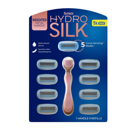 Schick Hydro Silk 5-Blade Razor with Metal Handle (9 Refills) | Luxuriously Smooth Shave with Rose Gold Finish Schick