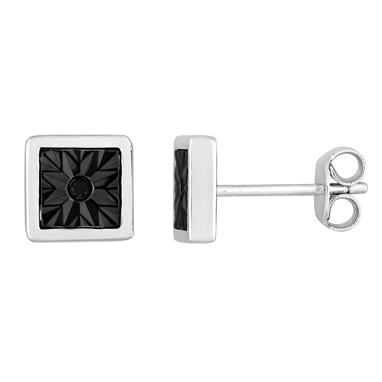 Men's Black Diamond Square Stud Earrings in Sterling Silver