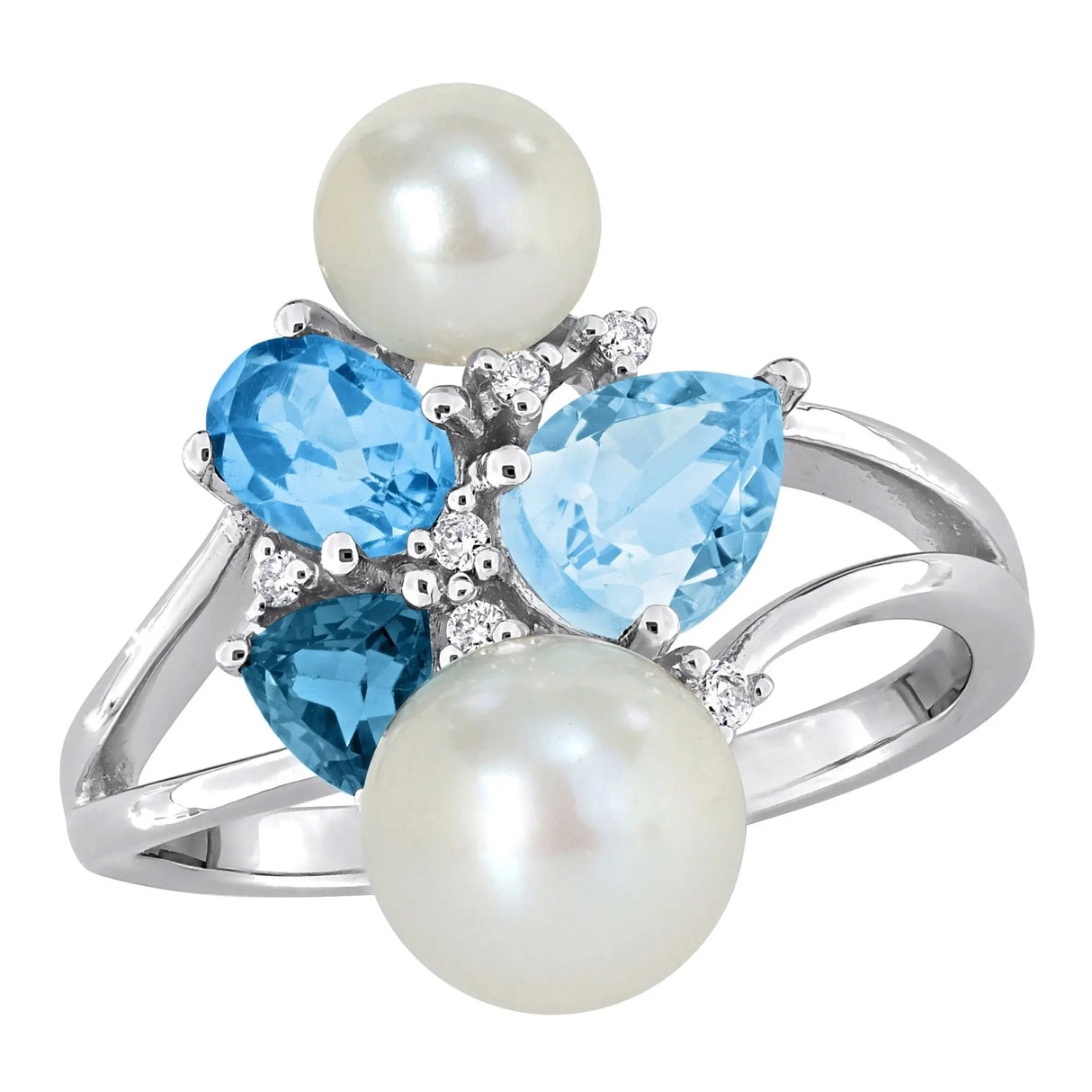 Freshwater Pearl & Blue Topaz Cluster Ring (1.75 ct TW, 14k White Gold) | Luxe Color Accent AFS Wholesale Shop