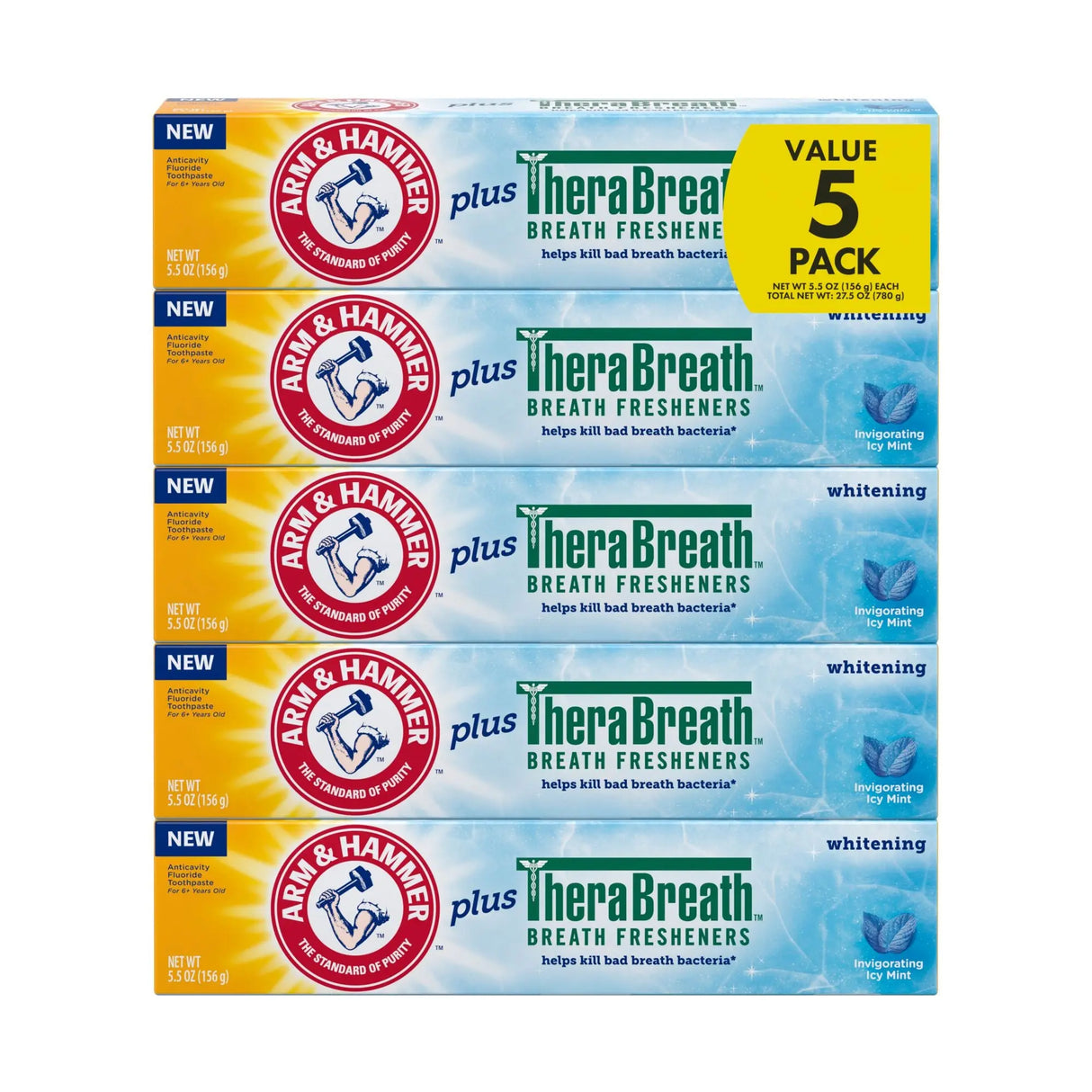 Arm & Hammer Toothpaste + TheraBreath Freshener (5-Pack, 5.5 oz Each) | Icy Mint Clean & Fresh Breath Arm & Hammer
