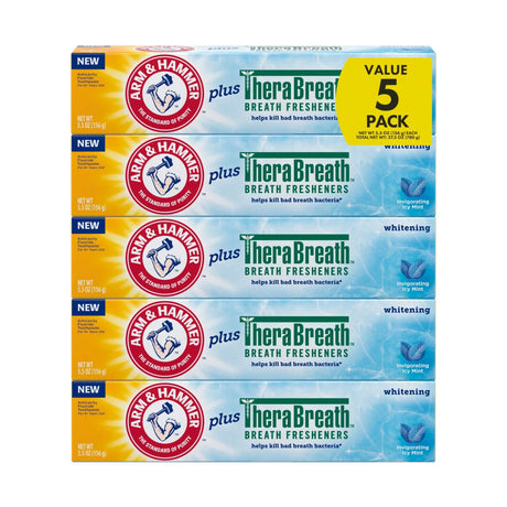 Arm & Hammer Toothpaste + TheraBreath Freshener (5-Pack, 5.5 oz Each) | Icy Mint Clean & Fresh Breath Arm & Hammer