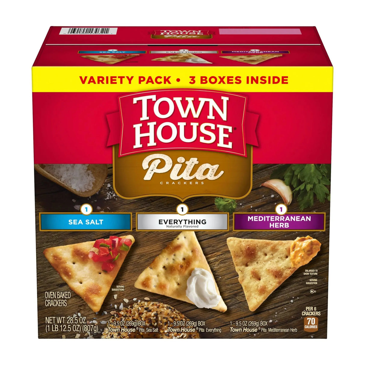Town House Pita Oven Baked Crackers Variety Pack, Lunch Snacks, 3 pk./9.5 oz. Town House