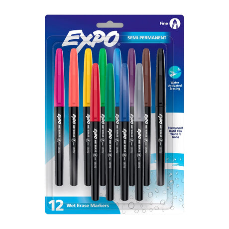 EXPO Wet Erase Fine Tip Markers (12-Pack, Assorted) | Semi-Permanent Ink for Whiteboards & Transparencies EXPO