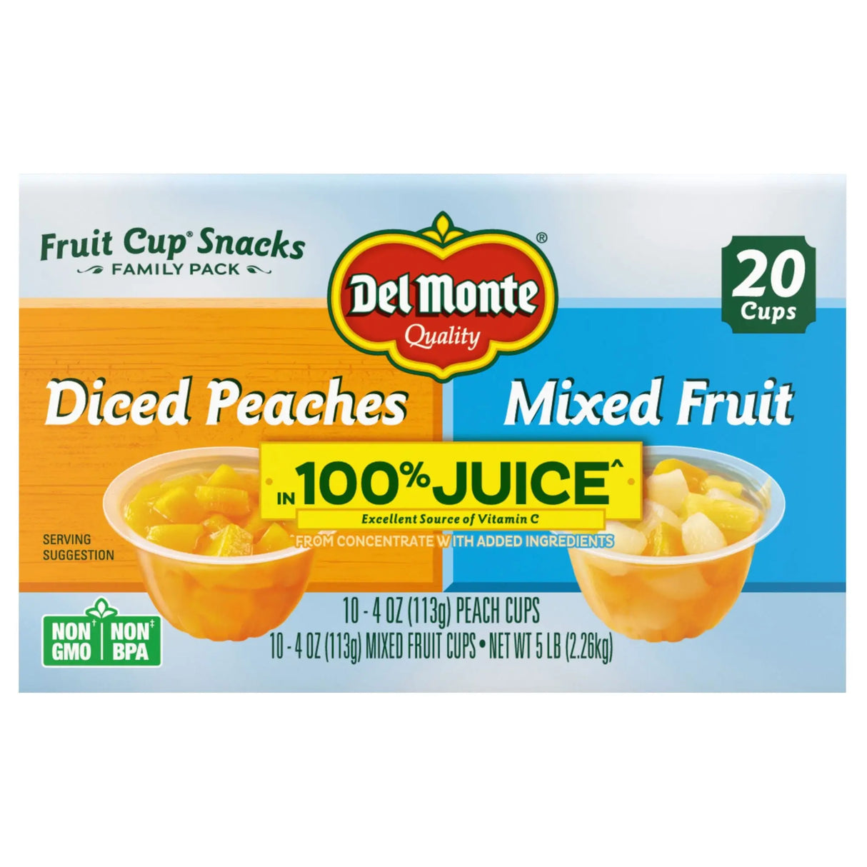 Del Monte Plastic Fruit Cup Variety Pack (20-Pack, 4 oz Each) | Mixed Fruit & Diced Peaches Snack Cups Del Monte