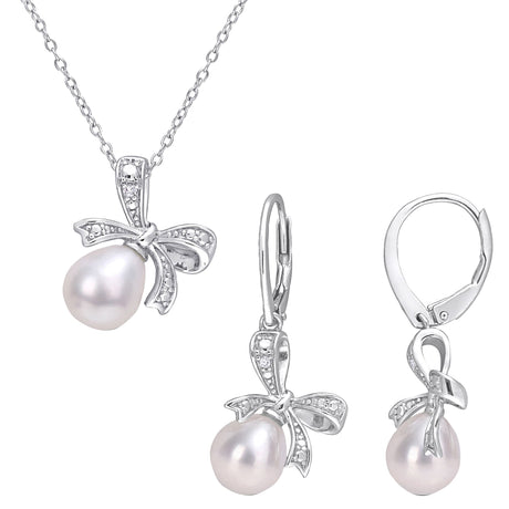 Pearl and diamond bow earrings and necklace set
