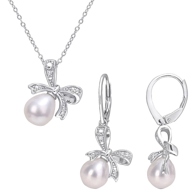 Pearl and diamond bow earrings and necklace set