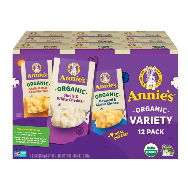 Annieâ€™s Organic Mac & Cheese Variety Pack (12-Pack, 6 oz Each) | Classic Shells with Clean Ingredients Annie's