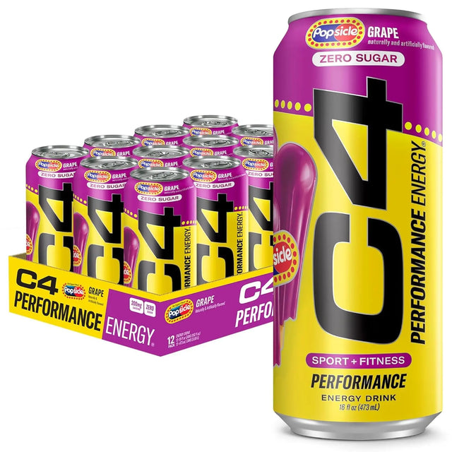 C4 Energy Drink X Grape Popsicle, Carbonated Sugar Free Pre Workout Performance Drink with No Artificial Colors or Dyes, 16 Oz, Pack of 12