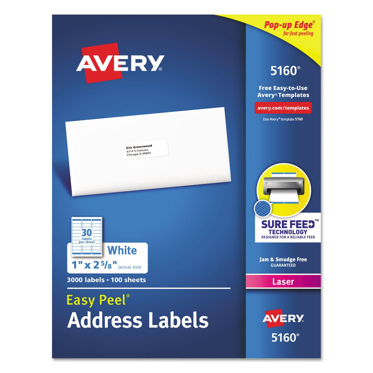 Avery Easy Peel White Address Labels w/ Sure Feed Technology, Laser Printers, 1 x 2.63, White, 30/Sheet, 100 Sheets/Box (5160)