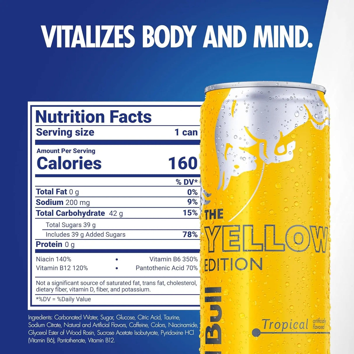 Yellow Edition Energy Drink, Tropical, with 114Mg Caffeine plus Taurine & B Vitamins, 12 Fl Oz, Pack of 24 Cans