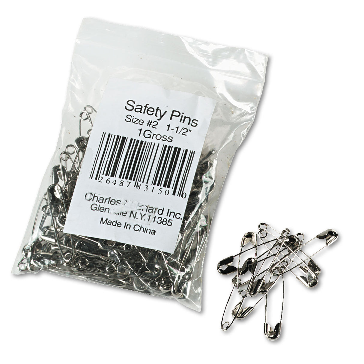Charles Leonard Safety Pins, Nickel-Plated, Steel, 1.5" Length, 144/Pack (83150)